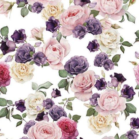 Papel de parede floral com fundo branco e flores em tons de rosa e roxo Para Quartos e Sala