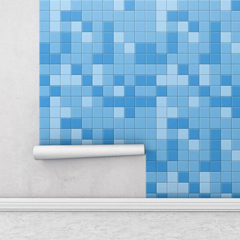 Papel de Parede Autocolante Azulejo Pastilhas em Tons de Azul