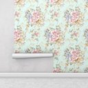 Ver imagem 1 de Papel de parede flores rosas e roxa com fundo verde marinho Para Sala e Quarto