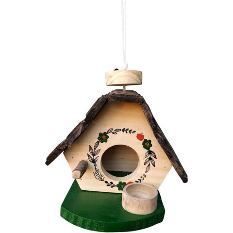 Casinha de Passarinho com Comedouro Feita de Madeira - Decoração de Jardim - Varanda - Quintal