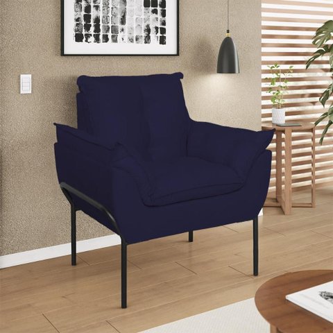 Poltrona Sofá Luxo Base Metal Preto Recepção Escritório Cor:azul Marinho