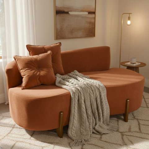 Sofá Orgânico 2 Lugares c/2 Almofadas Curvo Sala Recepção Luna Veludo Terracota - Montanaris Decor