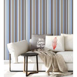 Papel de parede com listras em tons de marrom, azul e bege  - 1