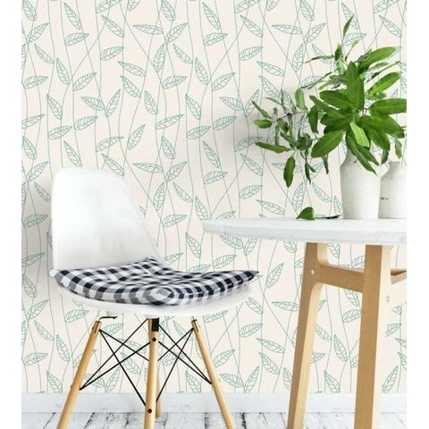 Papel de parede com fundo bege e desenhos verdes 