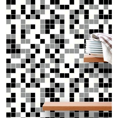 Papel de Parede Azulejo Pastilhas Em Tons de Preto, Branco e Cinza Autocolante