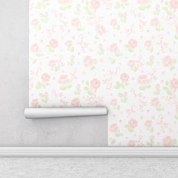 Papel de parede floral romance com fundo branco e flores rosa Para Quartos e Sala - 2