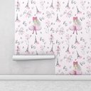 Ver imagem 1 de Papel de Parede Infantil Paris fundo rosa claro Flores e torre Eiffel Para Quarto Infantil