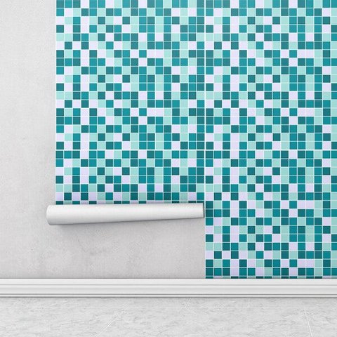 Papel de Parede Azulejo Pastilhas em Tons de Azul e Branco