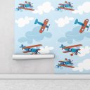 Ver imagem 2 de Papel de parede com céu de fundo aviões infantis nas cores azuis e branco