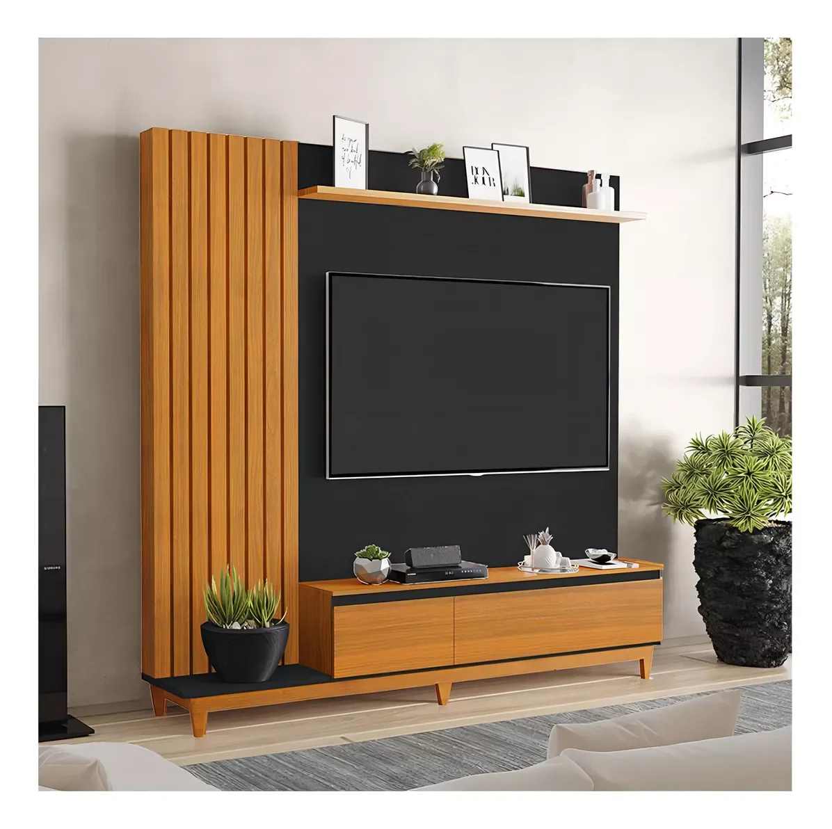 Ver imagem 1 de Painel Ripado Estante Tv até 65 Pol Rack com Porta Jacarta:preto / Freijó