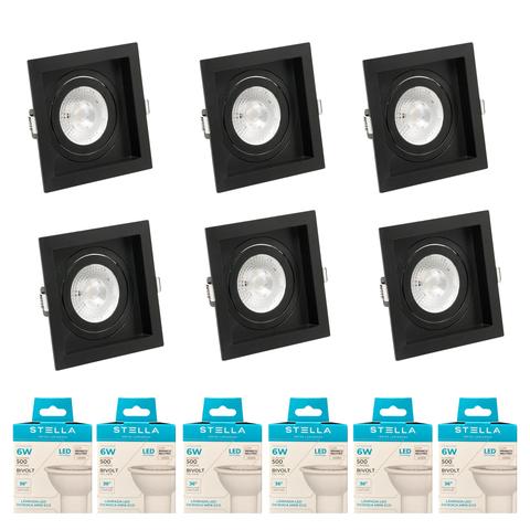 Kit 6x Spot Embutir Recuado Gu10 C/ Lâmpada Eco 6w Stella Cor:preto - Branco Quente
