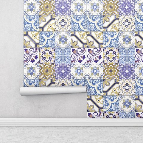 Papel de Parede Autocolante Azulejo em Tons de Azul, Bege, Amarelo e Branco para Área Gourmet