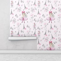 Papel de Parede Infantil Paris fundo rosa claro Flores e torre Eiffel  - 2