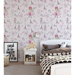 Papel de Parede Infantil Paris fundo rosa claro Flores e torre Eiffel  - 1