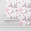 Ver imagem 1 de Papel de Parede Infantil Paris fundo rosa claro Lambretas e Flores Para Quarto Infantil