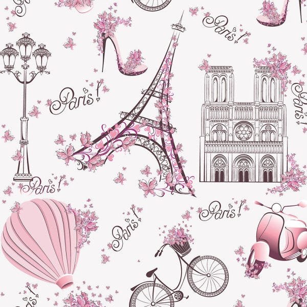 Papel de Parede Infantil Paris fundo rosa claro Lambretas e Flores Para Quarto Infantil - 2