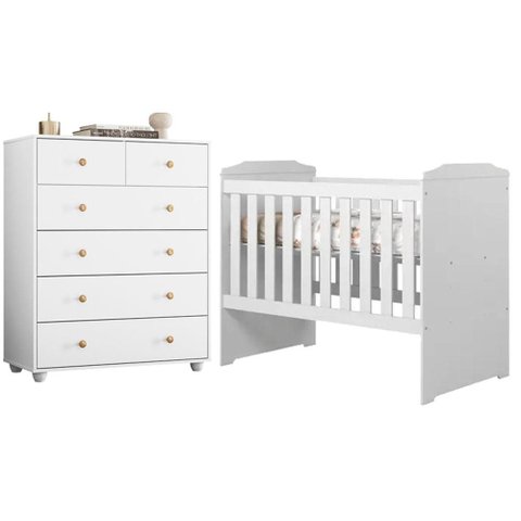 Berço Americano Carinho com Cômoda Vittoria 6 Gavetas Branco - Móveis Albatroz