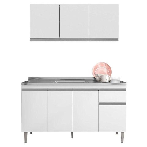 Balcão de Pia Tatiane 145 Cm e Armário Aéreo Andréia 3 Portas 120 Cm Branco Brilho - Ajl