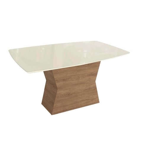 Mesa P/ Cozinha Tília C/ Tampo Madeirado C/ Vidro 90x170cm Nogueira/off White/vidro Off White -