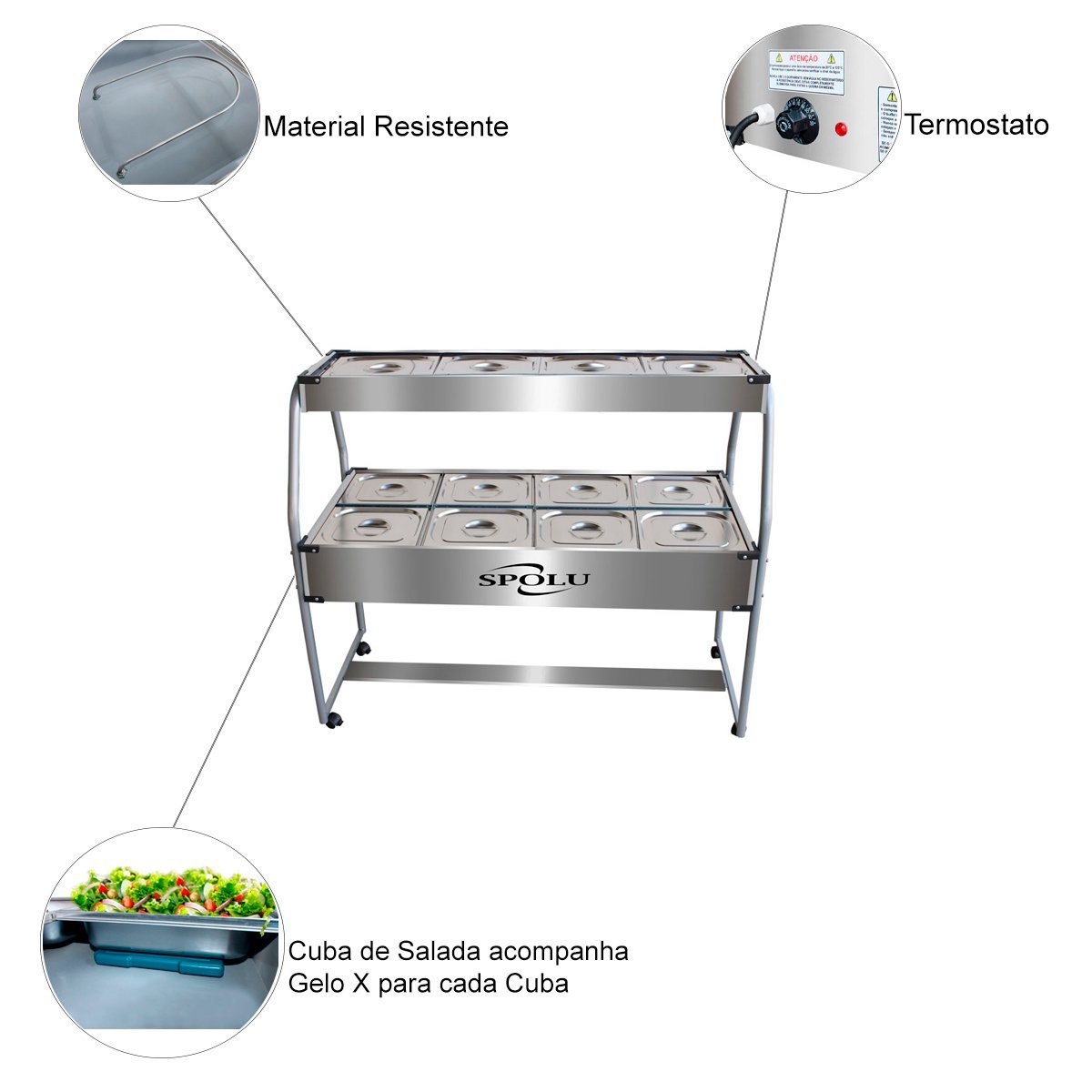 Buffet Combinado Aço Inox 10 Quentes e 5 Frias com Rodízios - Spolu - 220V SPL-512CO - 2