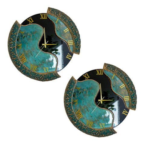 Kit 2 Relógios de Parede Grande 60cm Luxo - Fundo Preto com Verde Mesclado