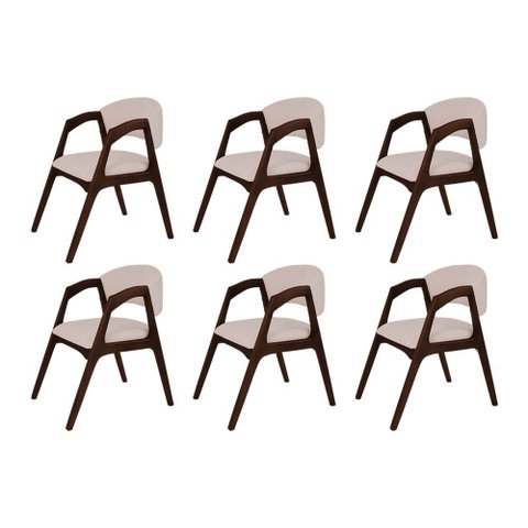 Conjunto com 6 Cadeiras de Jantar Estofada Gabriela em Madeira e Mdf Castanho Linho Bege