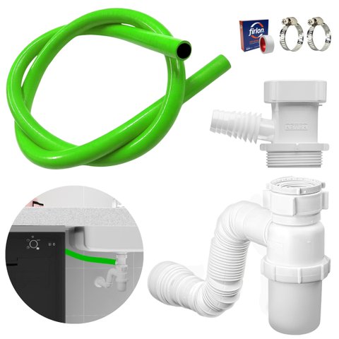 Adaptador para Máquina de Lavar Louça + Mangueira + Sifão Copo Universal + Abraçadeira 1" + Fita Ved