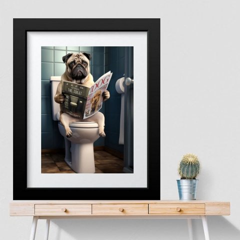 Quadro Grande Banheiro Pug- 60x48cm:madeira Branca