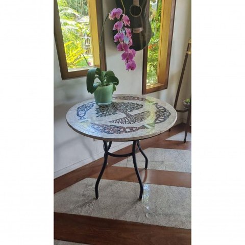 Mesa Arvore da Vida Redonda Tampo em Mosaico Base em Ferro Preto 100cm 4 Lugares