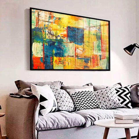 Quadro Decorativo Caixa Pincelada Amarela  Tacolado Moldura Caixa Alta 4,5cm Preta sem Vidro 60 X 90