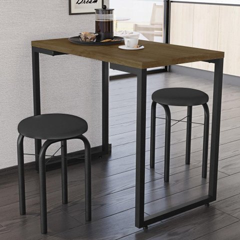 Conjunto Mesa De Cozinha 90cm 2 Banquetas Castanho