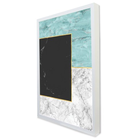 Quadro Decorativo Caixa Geométrico Mármore Tons de Azul, Branco e Preto Tacolado Moldura Caixa 3cm F