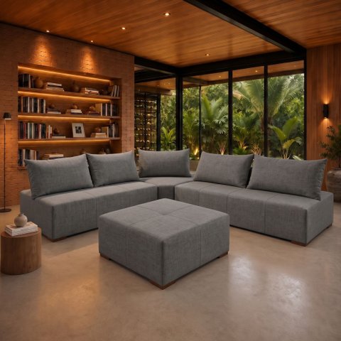Sofá de Canto Modulado com Puff e Base Madeira Maciça 320CMX270CM Lisboa