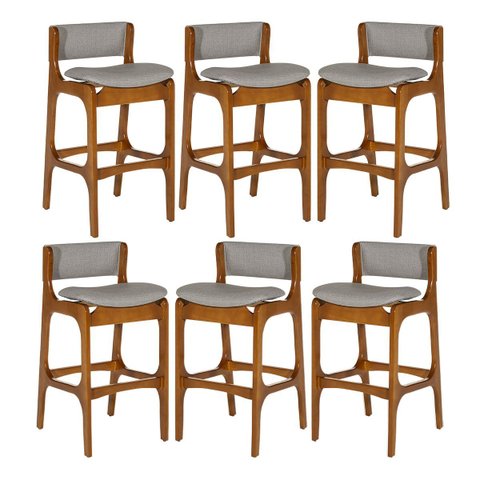 Kit 6 Banquetas Alta Ella em Madeira Estofada Facto Cinza Claro L96 Rmi