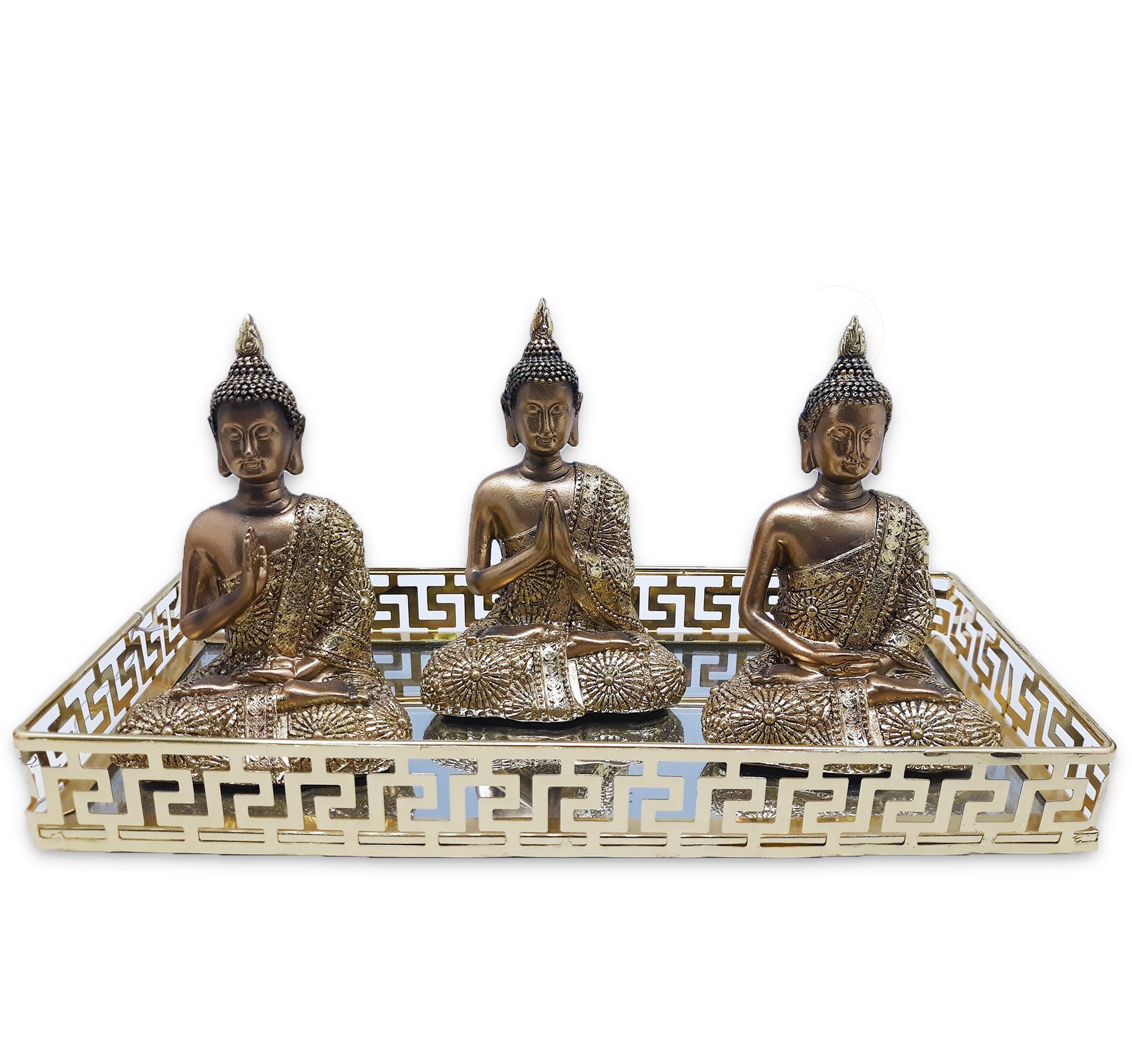 Trio de Buda Tailandês Yoga Buda Cobre Brilhante com Bandeja - 1