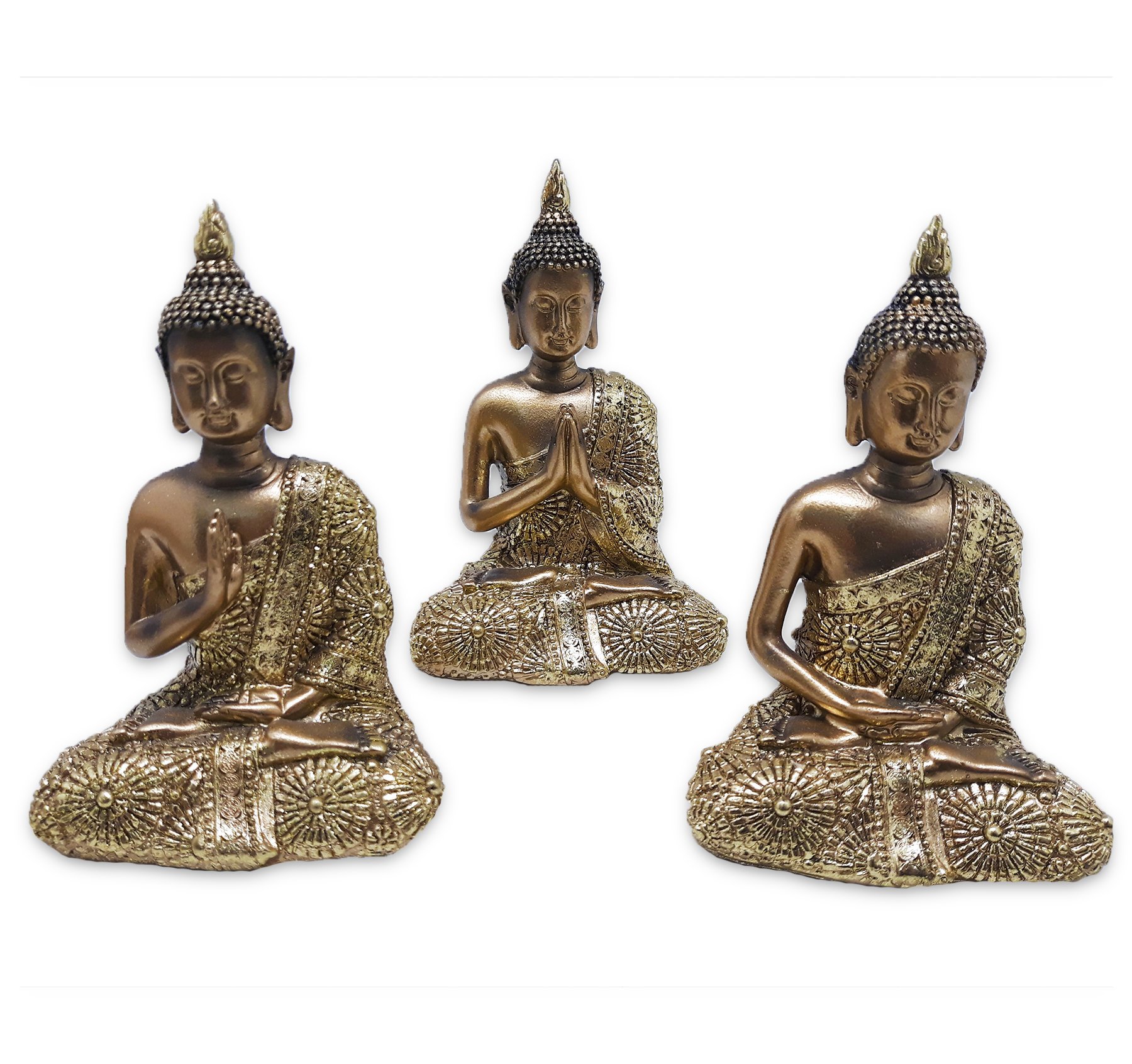 Trio de Buda Tailandês Yoga Buda Cobre Brilhante com Bandeja - 5