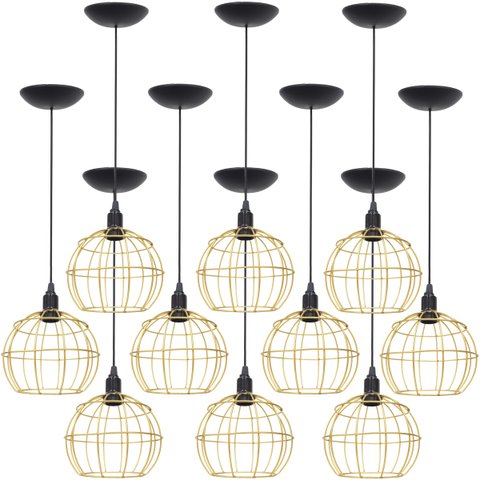 10 Pendentes Aramado Globo Luminária Lustre Teto Retrô Vintage Industrial Balcão Dourado