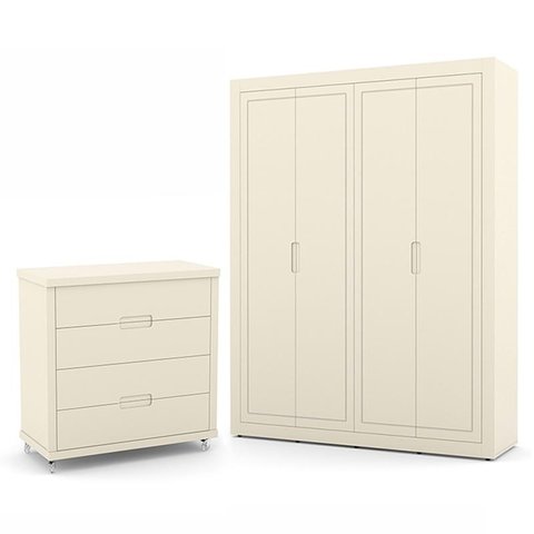 Jogo de Quarto Infantil com Guarda Roupa 4 Portas e Cômoda 4 Gavetas Tutto New Off White - Matic Móv