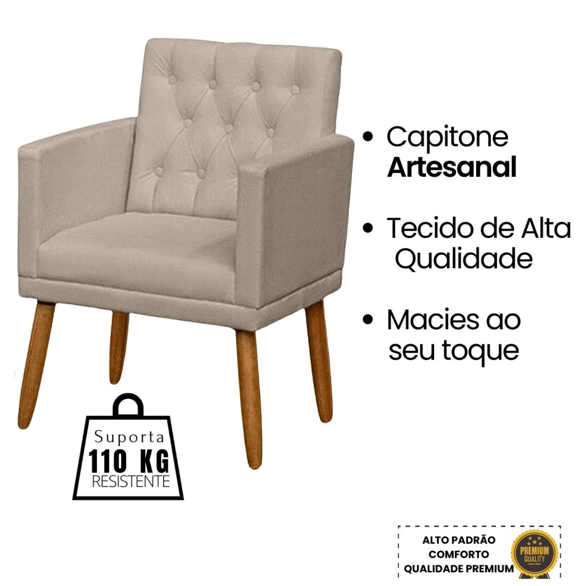 Poltrona Decorativa Capitone para Sala de Estar Luxo - Moblan Decor:bege - 3