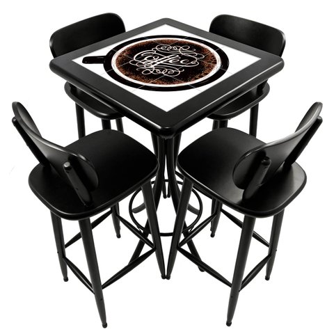 Conjunto Mesa Madeira Azulejo 60x60cm - Bistrô Fixa 98cm + 4 Banquetas 73 - Preta - Coffee