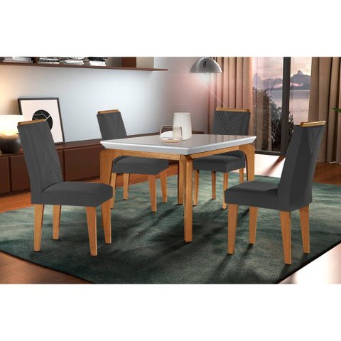 Sala de Jantar Completa Londrina C/ Tampo Madeirado Vidro Canto Reto 120x80cm e 4 Cadeiras Amsterd