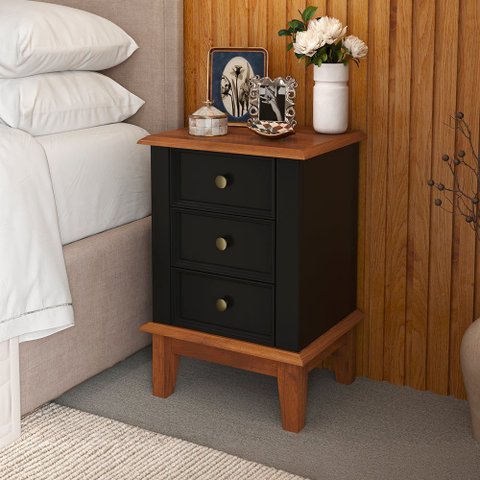Mesa de Cabeceira Rústica Madeira Maciça 3 Gavetas Preto - Apaixone & Decore