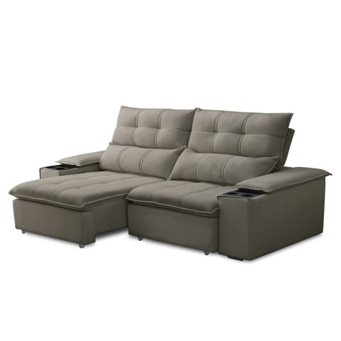 Sofá Retrátil 3 Lugares com Porta Copo 210cm Malta F05 Veludo Marrom - Mpozenato