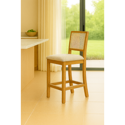 Banqueta Alta em Tela Sextavada Assento Estofado Linho Bege Rubi Madeira Maciça Mel