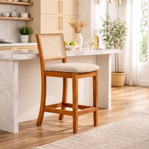 Banqueta Alta em Tela Sextavada Assento Estofado Linho Bege Rubi Madeira Maciça Mel