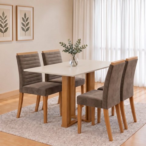 Conjunto Sala de Jantar Mesa Manu 120cm Tampo MDF e Vidro Canto Reto 4 Cadeiras Tainá