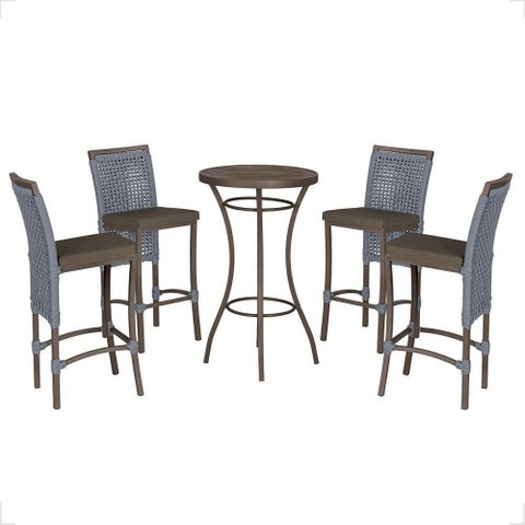Mesa Bistrô e 4 Banquetas Roma Marrom Corda Estofado 9 Trama Prata