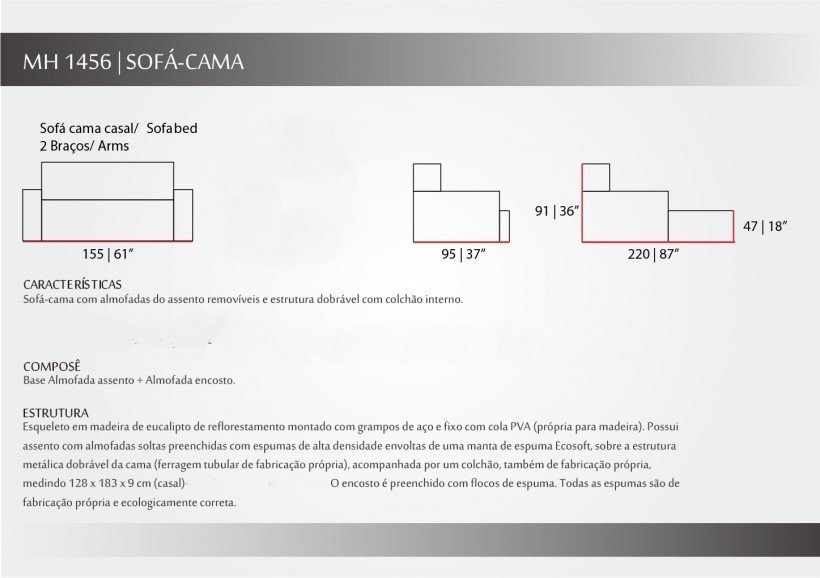 Sofa cama casal  MH1456 largura 155cm - 2