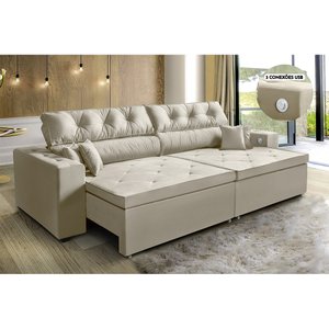 Sofá 4 Lugares Smart 2,62 Metros Bege Retrátil, Reclinável Tecnologia Carregamento 3 portas USB