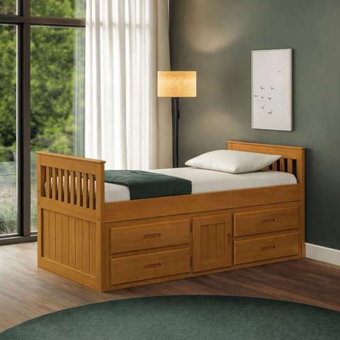 Cama Solteiro com 04 Gavetas e 01 Porta Funcional de Madeira Maciça - Amêndoa